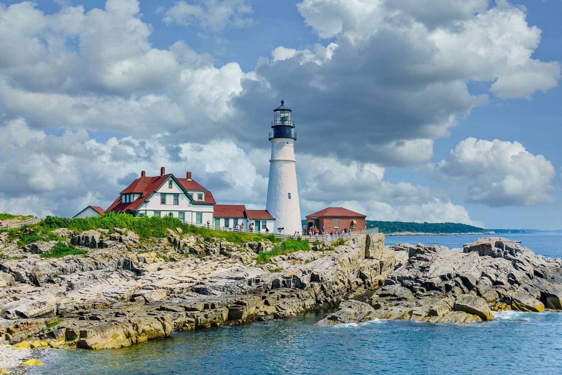 Lake with lighthouse building