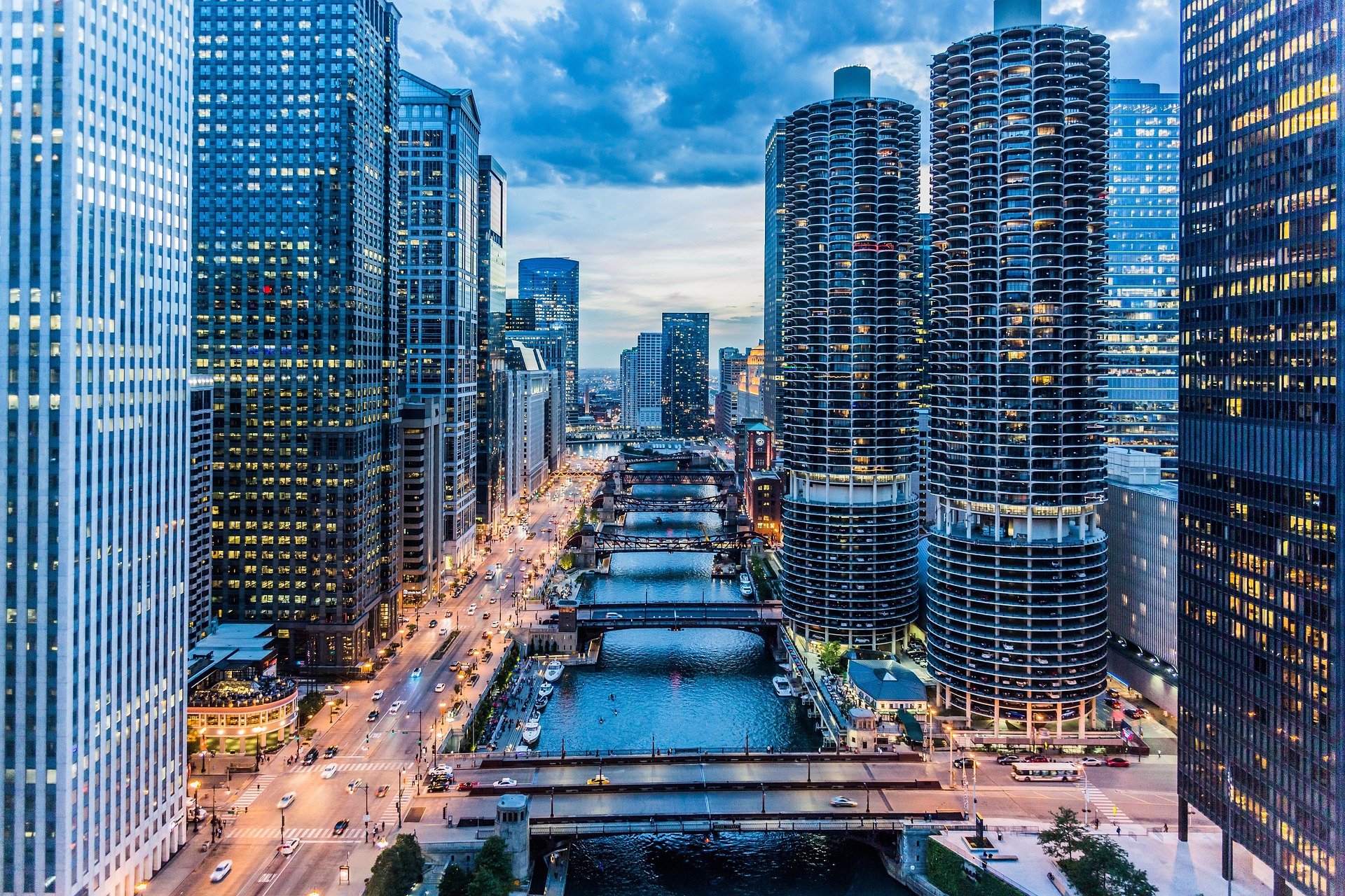 city scape with river and bridges in evening